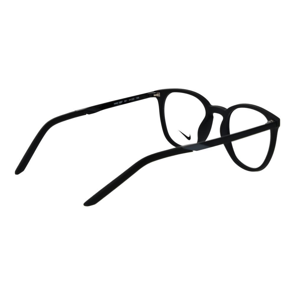 Nike Black Unisex Glasses Frame, metal full-rim round style with demo plastic lenses, 51-20-145 dimensions, no spring hinge, includes branded case.
