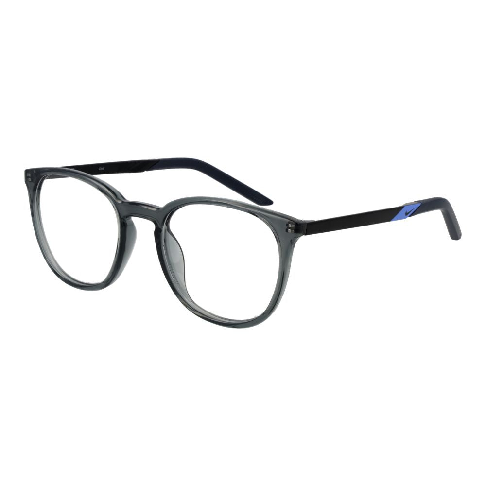 Nike Gray Unisex Glasses Frame, full-rim metal frame, gray color, demo plastic lenses, size 51-20-145, round style, no spring hinge.