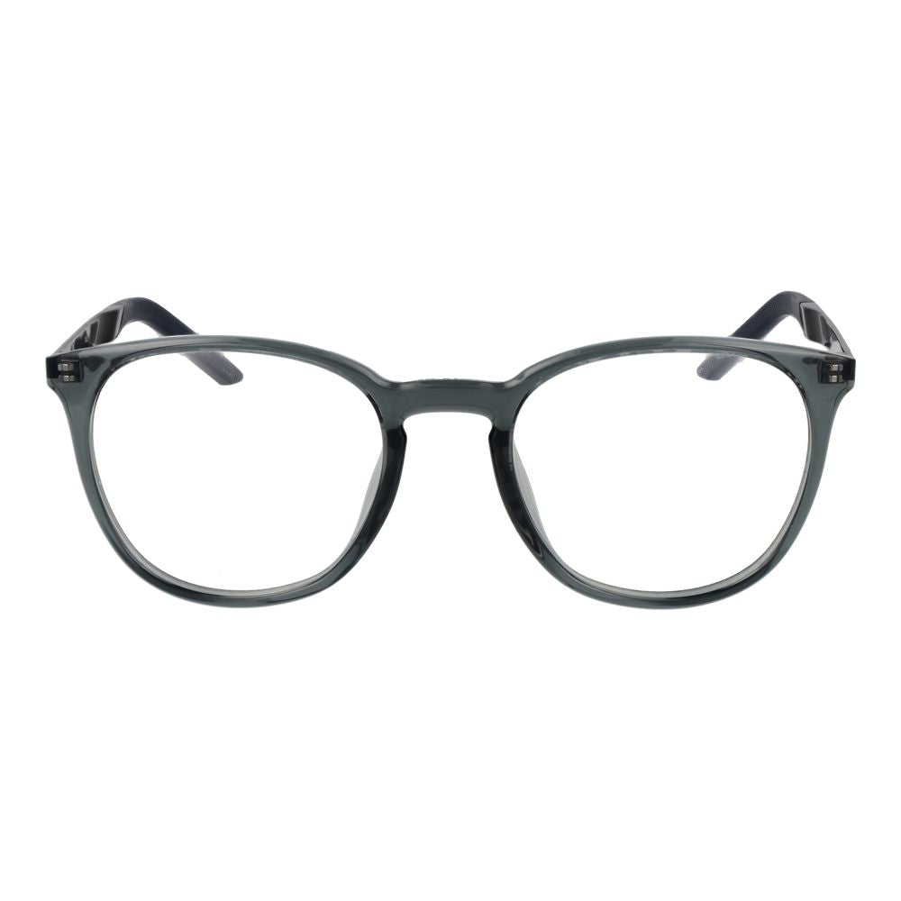 Nike Gray Unisex Glasses Frame, metal, full-rim, round design, size 51-20-145, demo lenses, includes branded case, no extra filter effect.