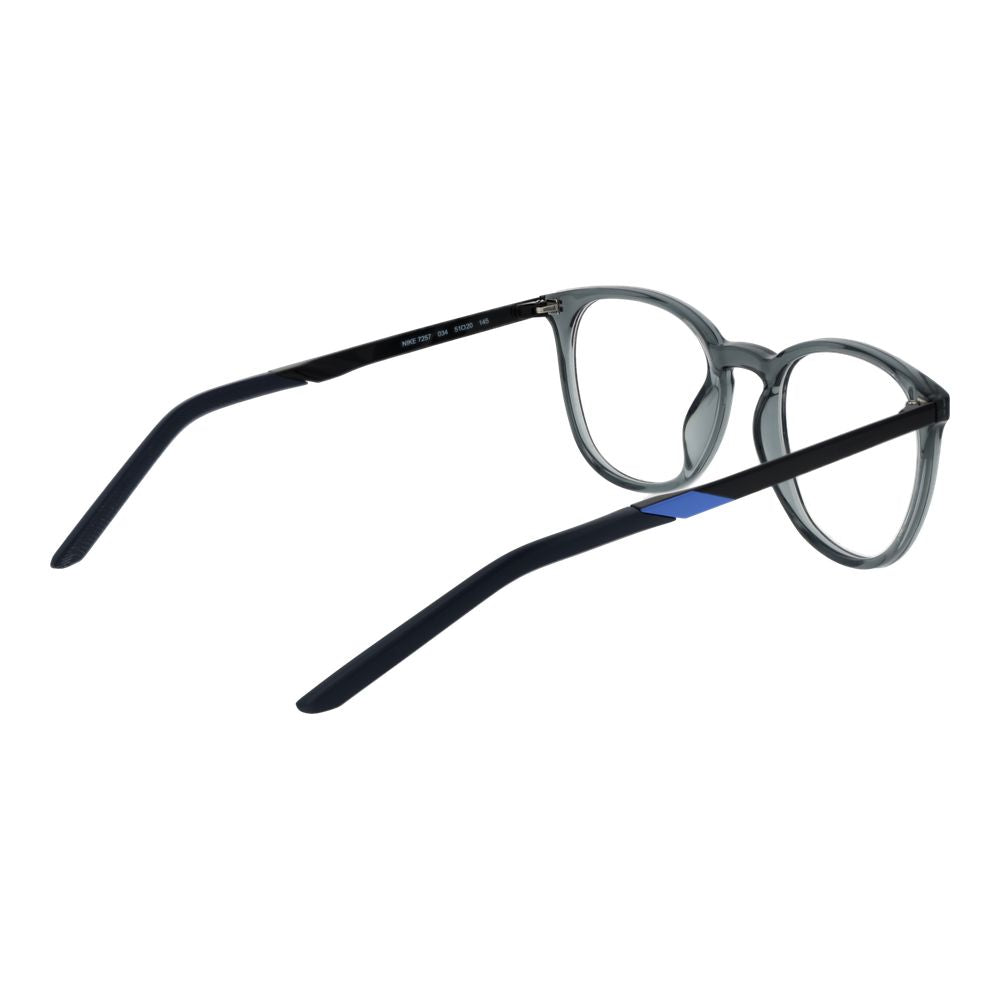 Nike Gray Unisex Glasses Frame, full-rim gray metal round style with plastic demo lenses, size 51-20-145, includes branded case.