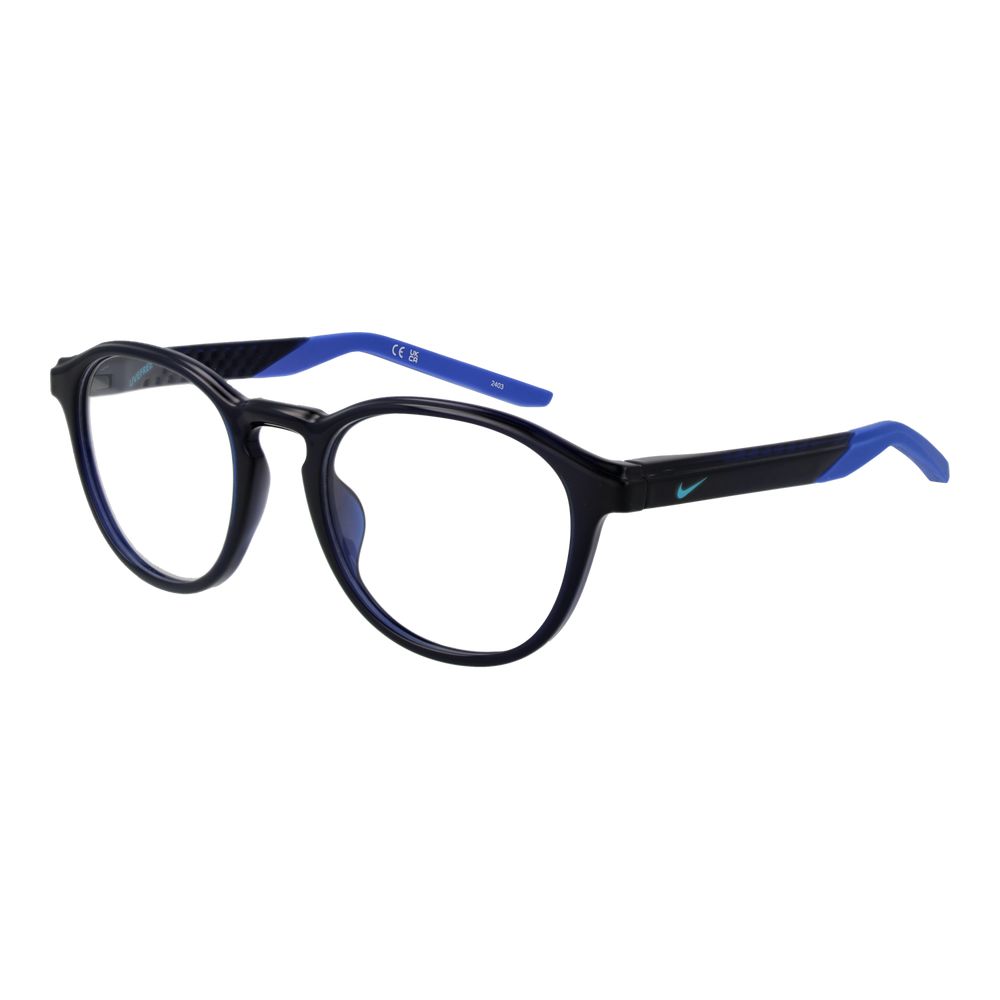 Nike Blue Men Glasses Frame, full-rim round style, stainless steel, with demo plastic lenses, size 50-20-140.