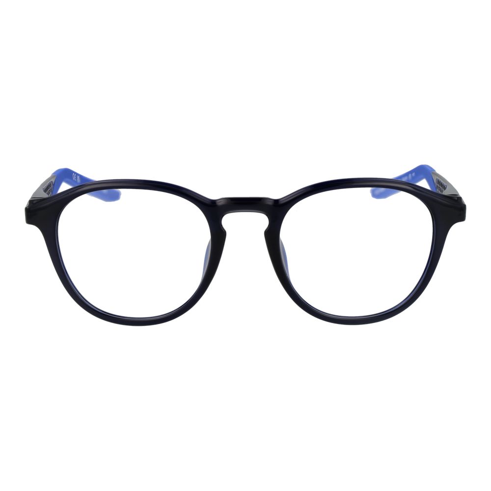 Nike Blue Men Glasses Frame in full-rim round style, stainless steel material with demo plastic lenses, 50-20-140 size.