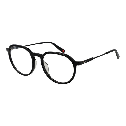 Fila Black Unisex Glasses Frame stainless steel full-rim design with demo lenses, size 51-18-140, panto style.
