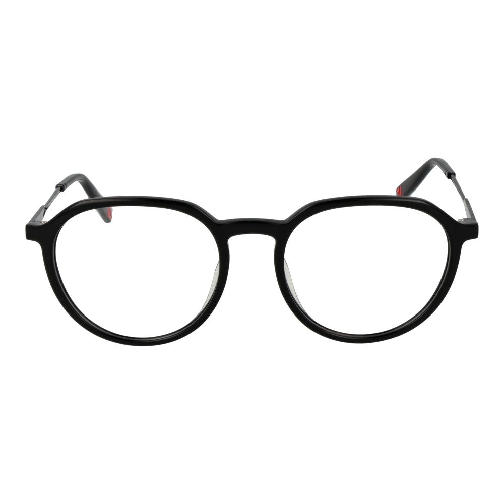 Fila Black Unisex Glasses Frame, stainless steel panto style with full-rim design and demo lenses, perfect for fashion-forward individuals.