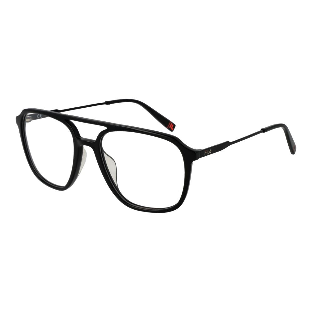 Fila Black Men Glasses Frame in stainless steel, full-rim, aviator style with demo lenses, 54mm width, black color, perfect for stylish men.
