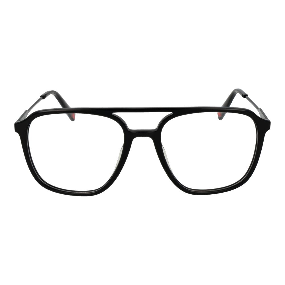Fila Black Men Glasses Frame, stainless steel full-rim aviator style with demo lenses, size 54-18-145, black color with plastic lenses.