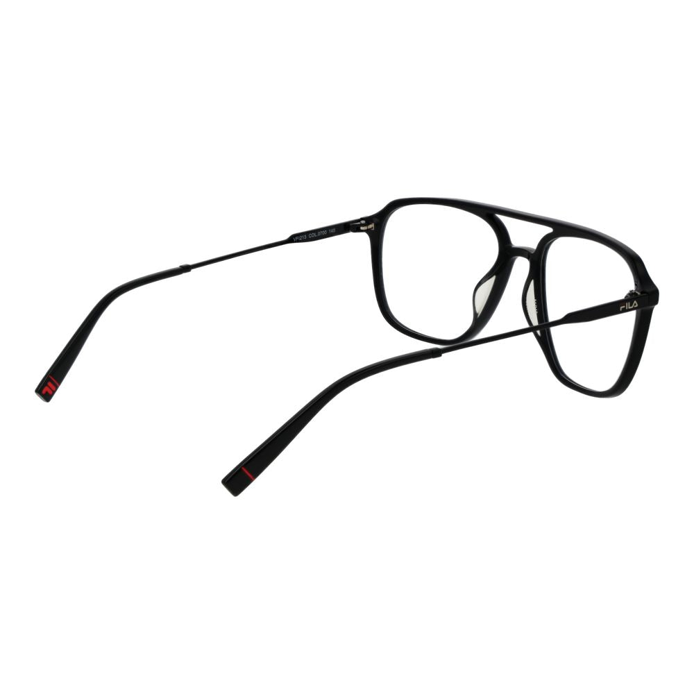 Fila Black Men Glasses Frame in stainless steel with full-rim aviator style and demo lenses, size 54-18-145.