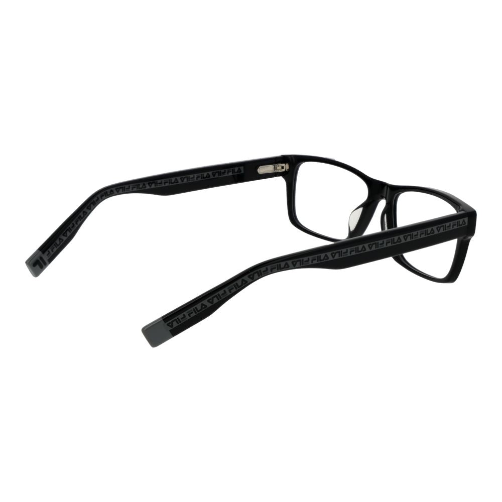 Fila Black Men Glasses Frame in full-rim cellulose acetate, rectangular style with spring hinges, includes branded case, size 52-15-145.