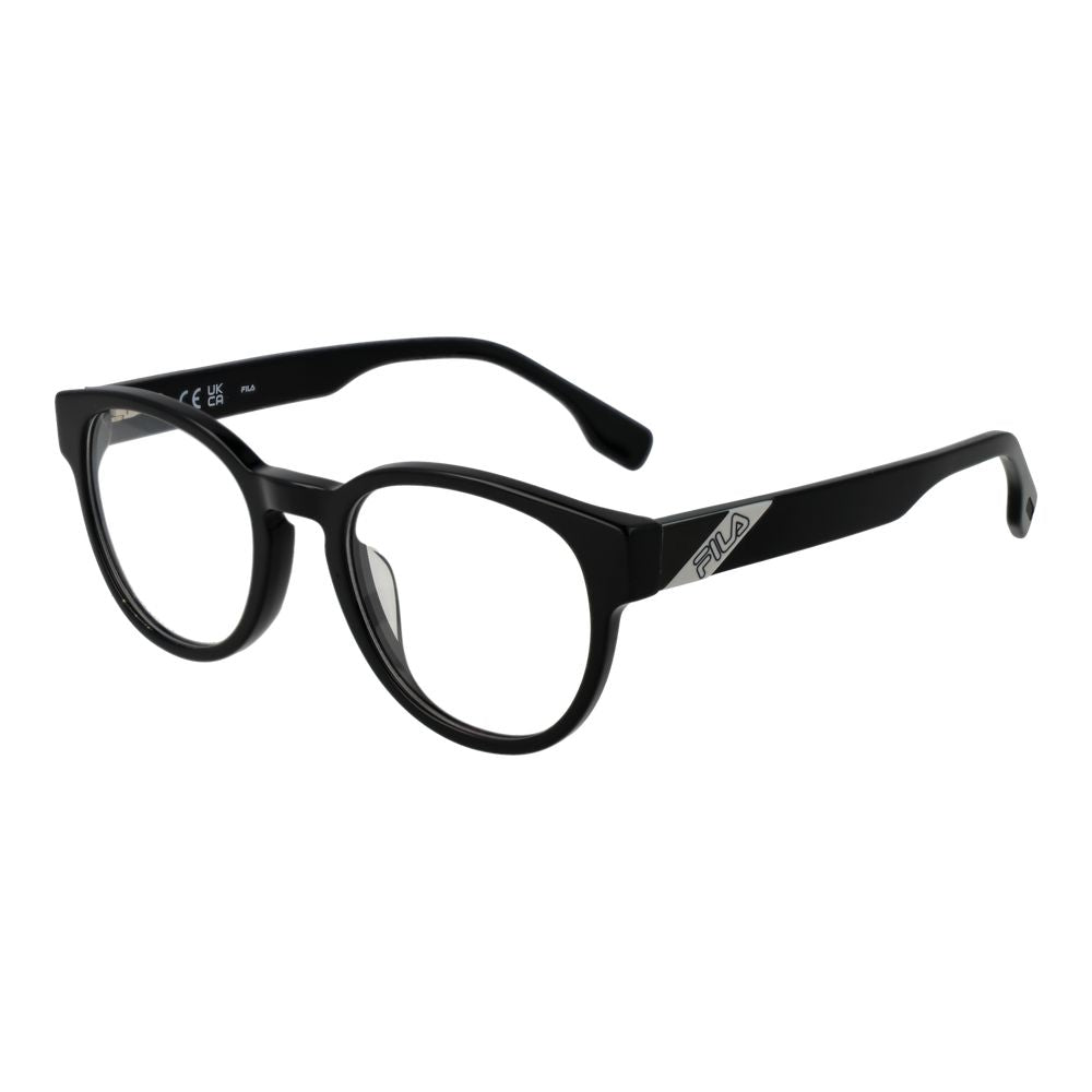 Fila Black Unisex Glasses Frame with full-rim design, cellulose acetate material, and branded case. Stylish panto shape for versatile fashion.