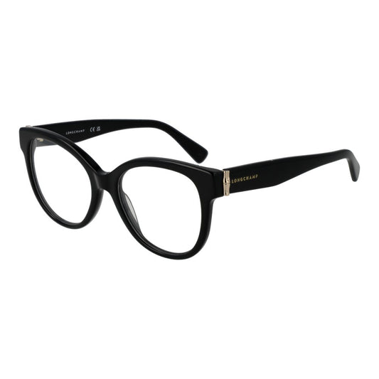 Longchamp Black Women Glasses Frame, acetate full-rim butterfly style, demo lenses, size 52-17-140, elegant eyewear with branded case included.