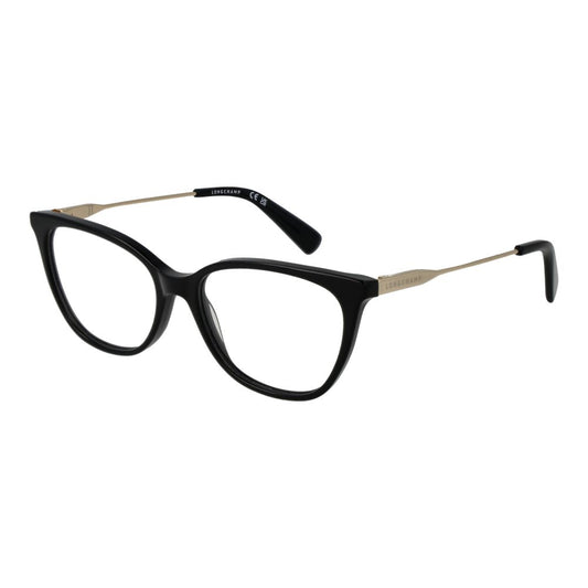 Longchamp Black Women Glasses Frame in metal full-rim cat eye style with black finish and demo plastic lenses.