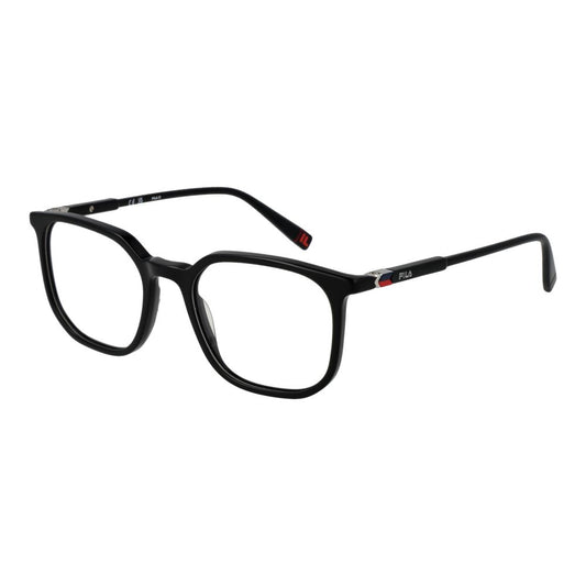 Fila Black Unisex Glasses Frame, full-rim plastic square design, demo lenses, size 49-18-135, with branded case.