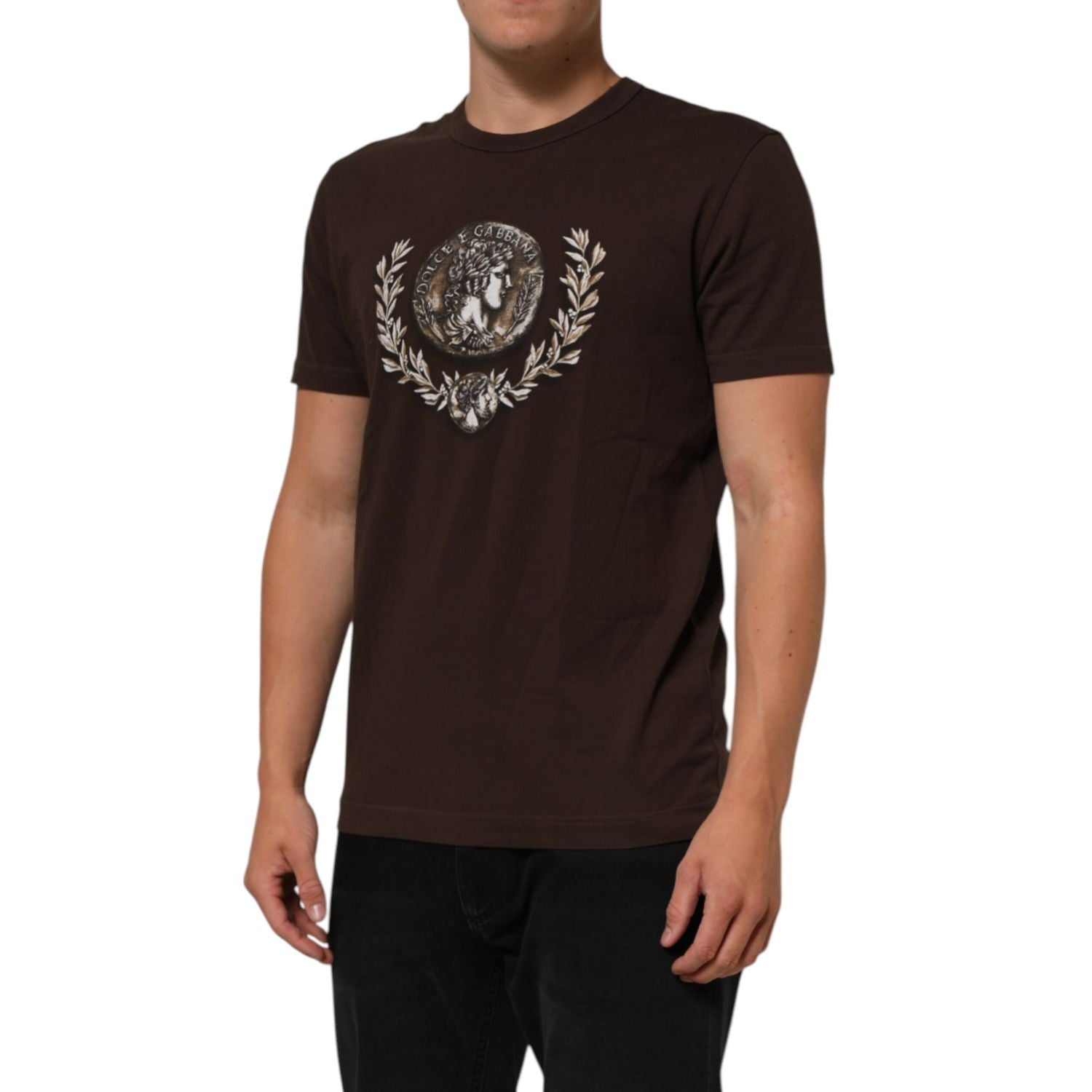 Dolce & Gabbana Brown Coin Laurel Print Men Crew Neck T-shirt