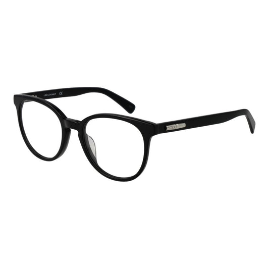 Longchamp Black Women Glasses Frame with full-rim cellulose acetate material, demo lenses, and a panto style for trendy eyewear.