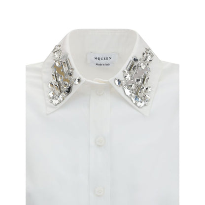 Alexander McQueen White Cotton Dress Shirt with embellished collar, perfect for formal and contemporary looks, AW25 season.
