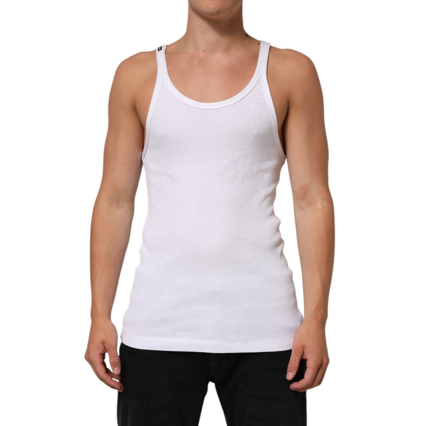 Dolce & Gabbana White Sleeveless Round Neck Tank Top T-shirt featuring a classic design and regular fit made from soft cotton.