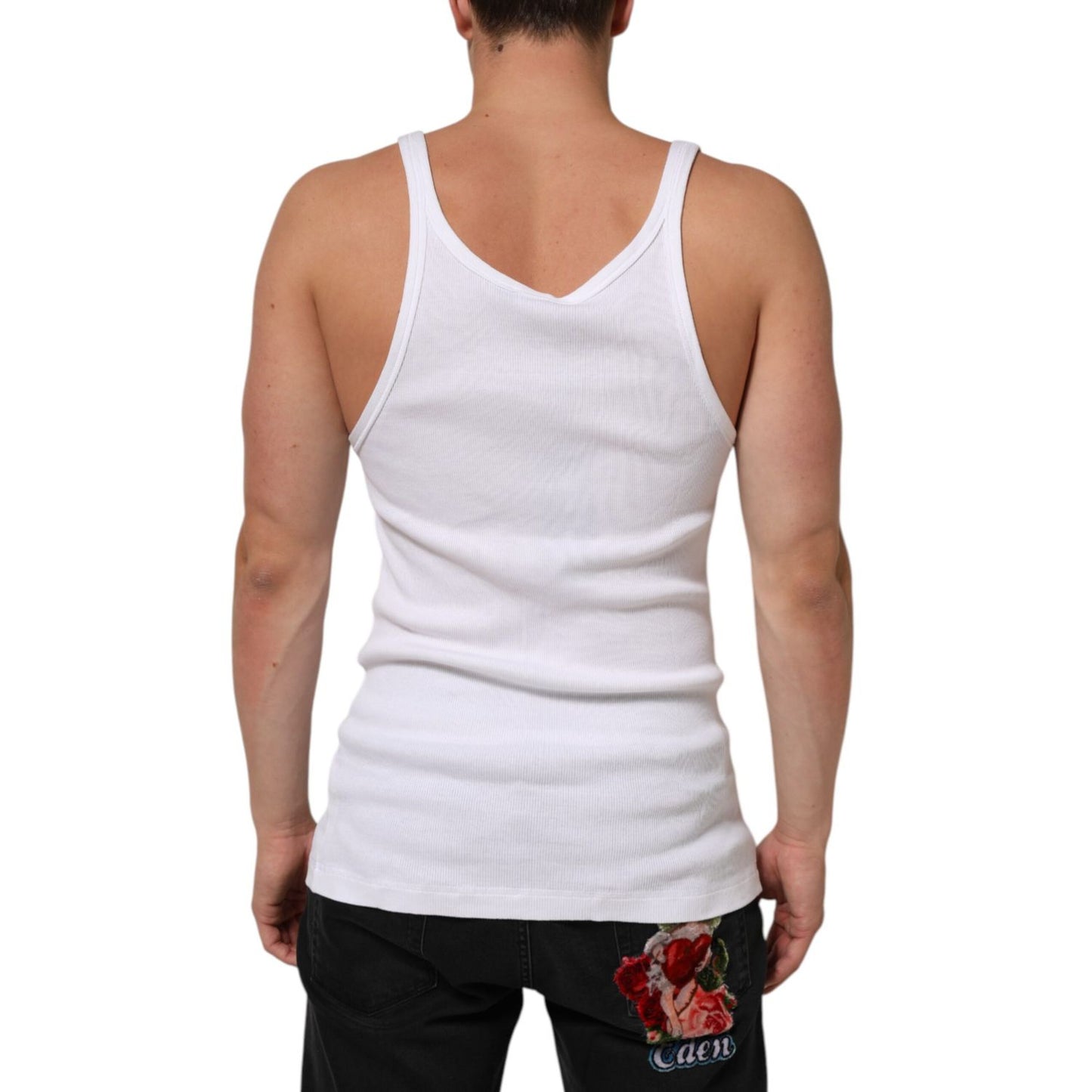 Man wearing Dolce & Gabbana White Sleeveless Round Neck Tank Top T-shirt with regular fit and logo, showing back view.