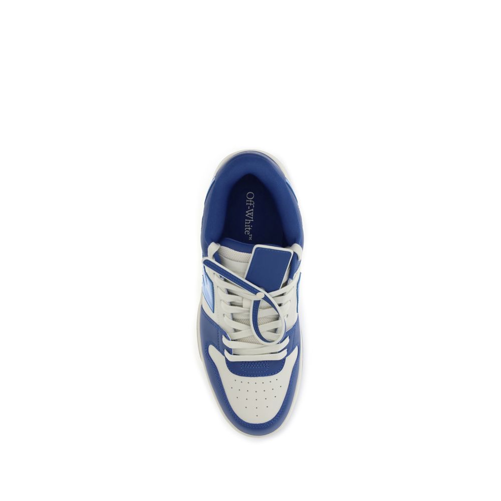 Off-White Blue Leather Chunky Sneakers top view with signature Arrows motif and Safety Tag on white and blue leather upper.
