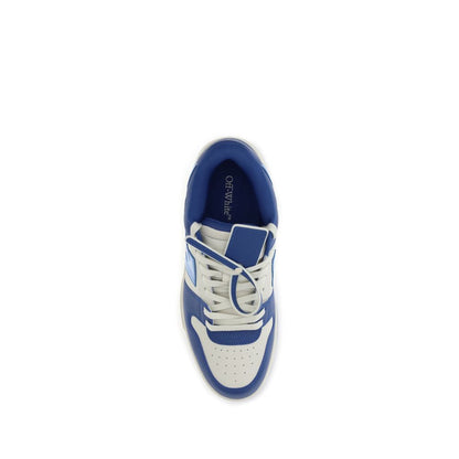 Off-White Blue Leather Chunky Sneakers top view with signature Arrows motif and Safety Tag on white and blue leather upper.