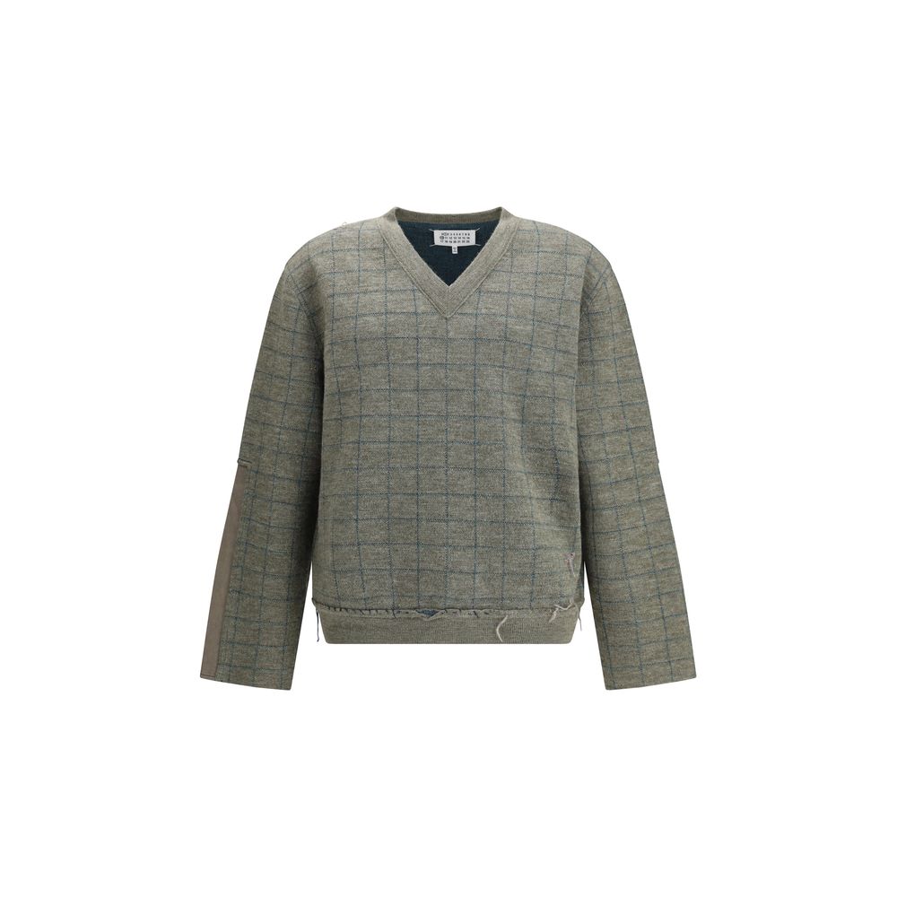Alt Tag: Margiela Green Fleece Wool Sweatshirt with grid pattern and V-neckline, essential winter piece for elegant contemporary looks.
