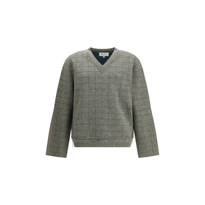 Alt Tag: Margiela Green Fleece Wool Sweatshirt with grid pattern and V-neckline, essential winter piece for elegant contemporary looks.