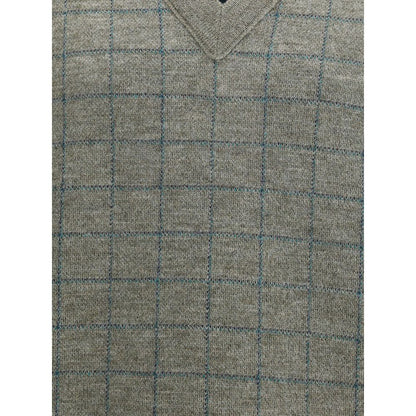 Margiela Green Fleece Wool Sweatshirt with grid pattern and V-neckline, crafted from soft wool for winter, AW25 collection.