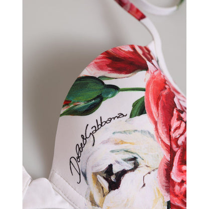 Dolce & Gabbana White Floral Print Halter Bikini Top Swimwear