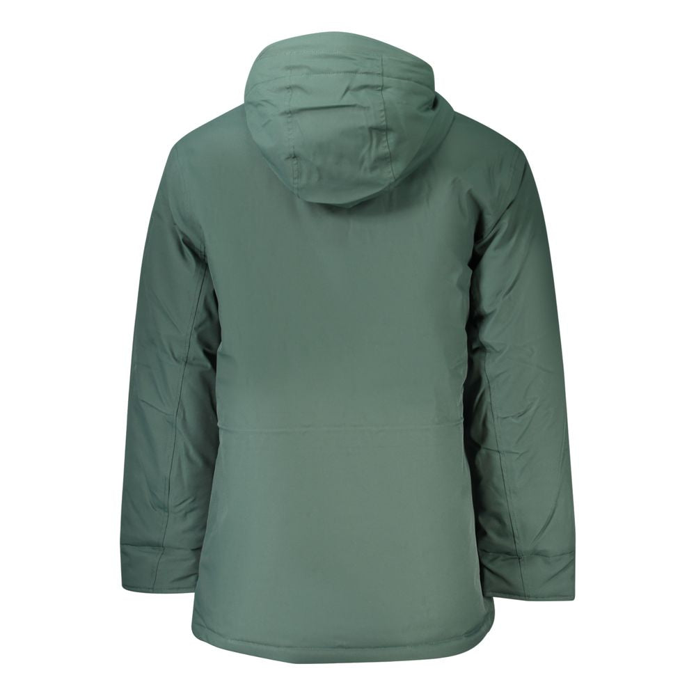 Back view of Timberland Green Polyester Men's Jacket with hood and long sleeves.