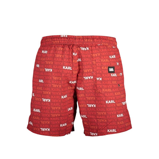 Karl Lagerfeld Red Polyester Swimwear with logo print, medium swim boxer with elastic waist, pockets, and contrasting details.