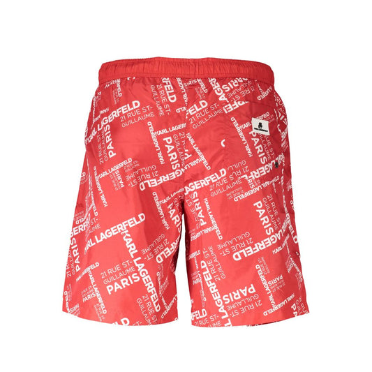 Karl Lagerfeld Red Polyester Swimwear with logo prints, featuring Long Beach boxer style, 2 front pockets, 1 back pocket, and contrast details.