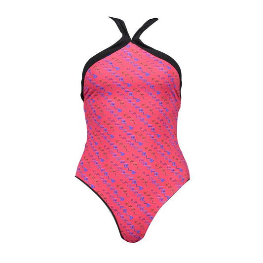 Karl Lagerfeld Red Elastane Swimwear, full swimsuit with lined interior, neck tie, logo print design.