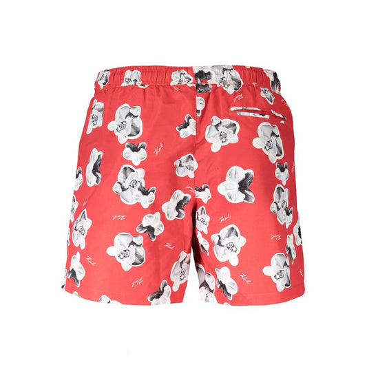 Karl Lagerfeld Red Polyester Swimwear with floral design, featuring medium swim boxer, two pockets, one back pocket, and laces.