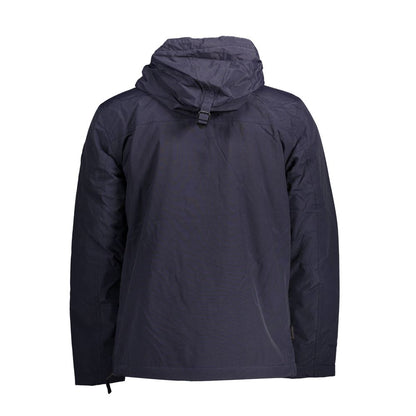 Back view of Napapijri Blue Polyamide Jackets & Coat featuring hood and central pocket.