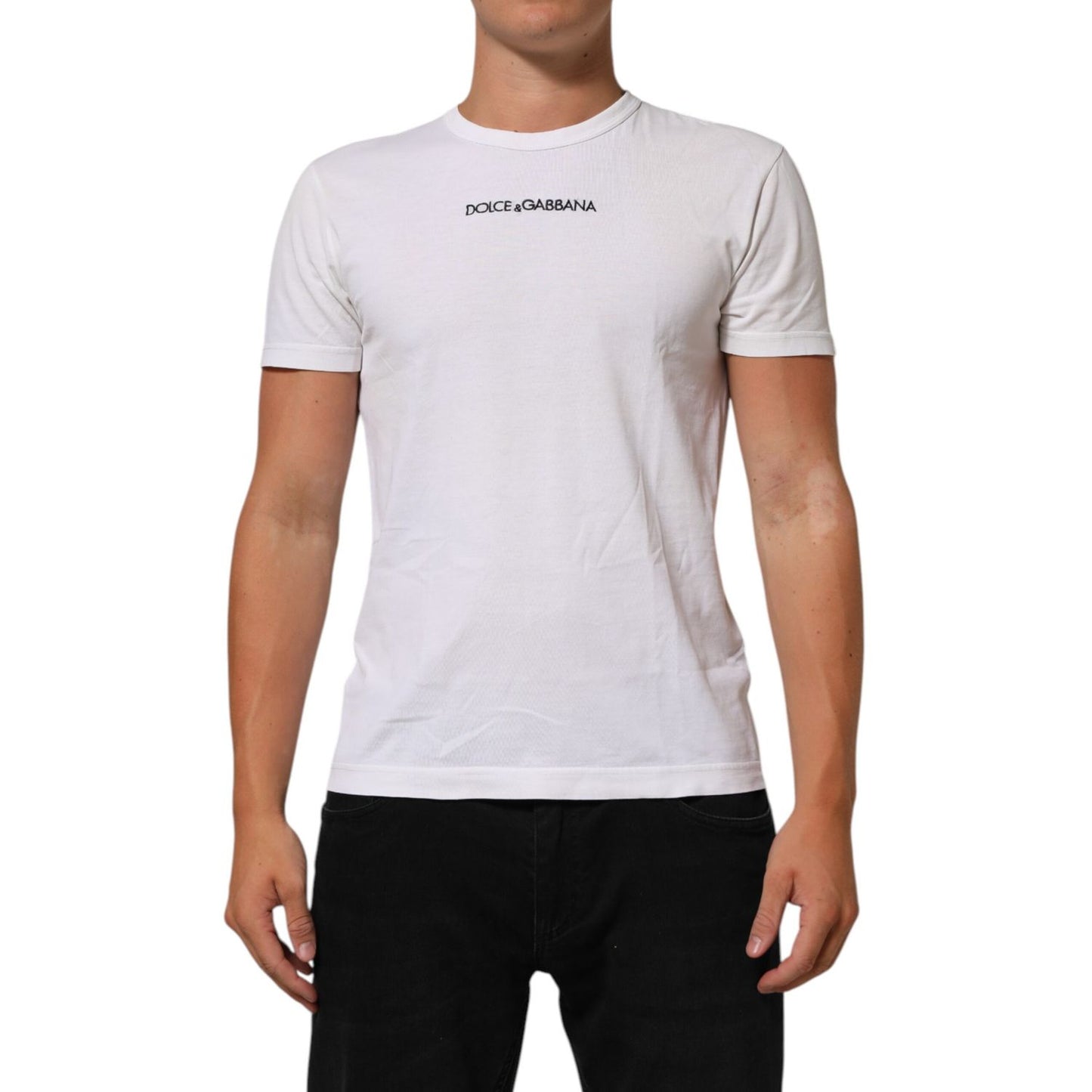 Dolce & Gabbana White Logo Print Cotton Crew Neck Men T-shirt