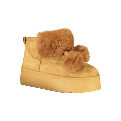 Laura Biagiotti Brown Polyester Women Boot with fur collar and pom poms on wedge sole, cozy chic ankle boot design.
