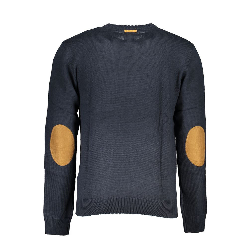 Gianmarco Venturi Blue Cotton Sweater with crew neck and embroidery, featuring logo detail and elbow patches.
