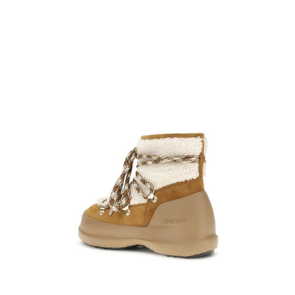 Moon Boot Beige Leather Ankle Boots featuring shearling design with crossover laces, embossed logo, and non-slip rubber tread.