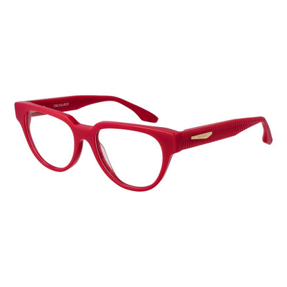 Trussardi Red Acetate Glasses (Frames) for women with full-rim panto style, acetate frame, demo lenses, and spring hinge.