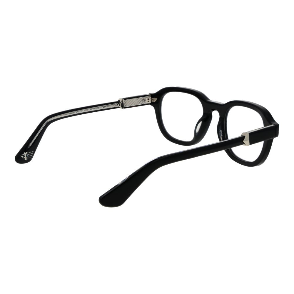 Police Black Cellulose Acetate Glasses (Frames) for men with full-rim style and panto design, featuring demo plastic lenses.