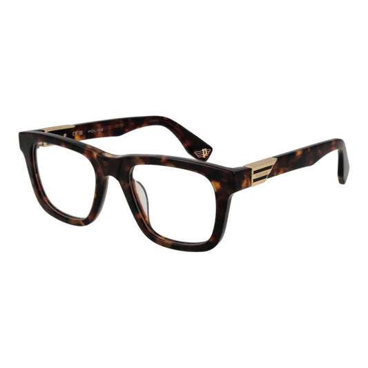 Police Brown Cellulose Acetate Glasses (Frames) for Men, full-rim square style, tortoiseshell pattern with branded temples, size 52-21-145.