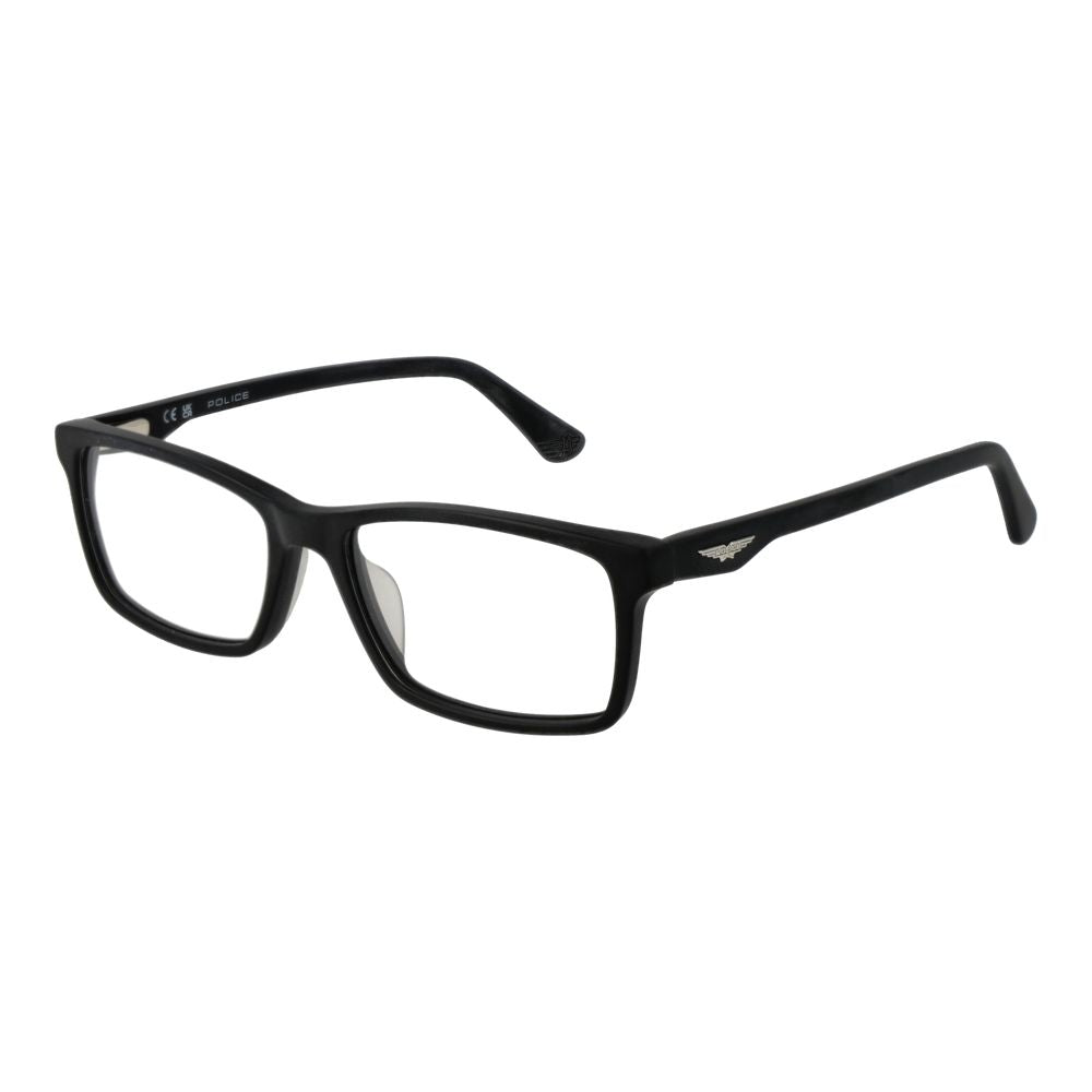 Police Black Cellulose Acetate Glasses (Frames) for men, full-rim rectangle style, demo lenses, spring hinge, size 54-16-145.