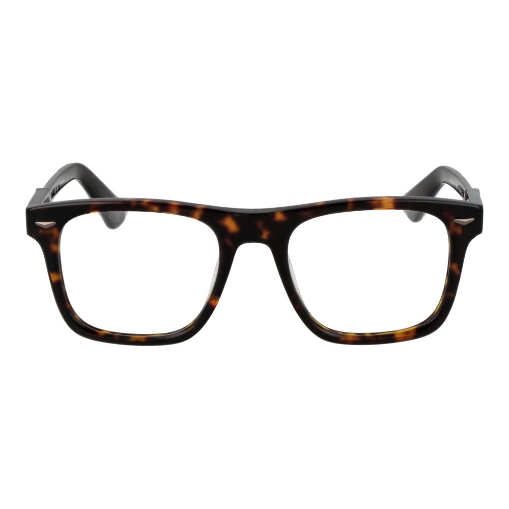 Police Brown Cellulose Acetate Glasses (Frames) for men in square full-rim style, featuring demo plastic lenses, brown color, size 52-20-145.