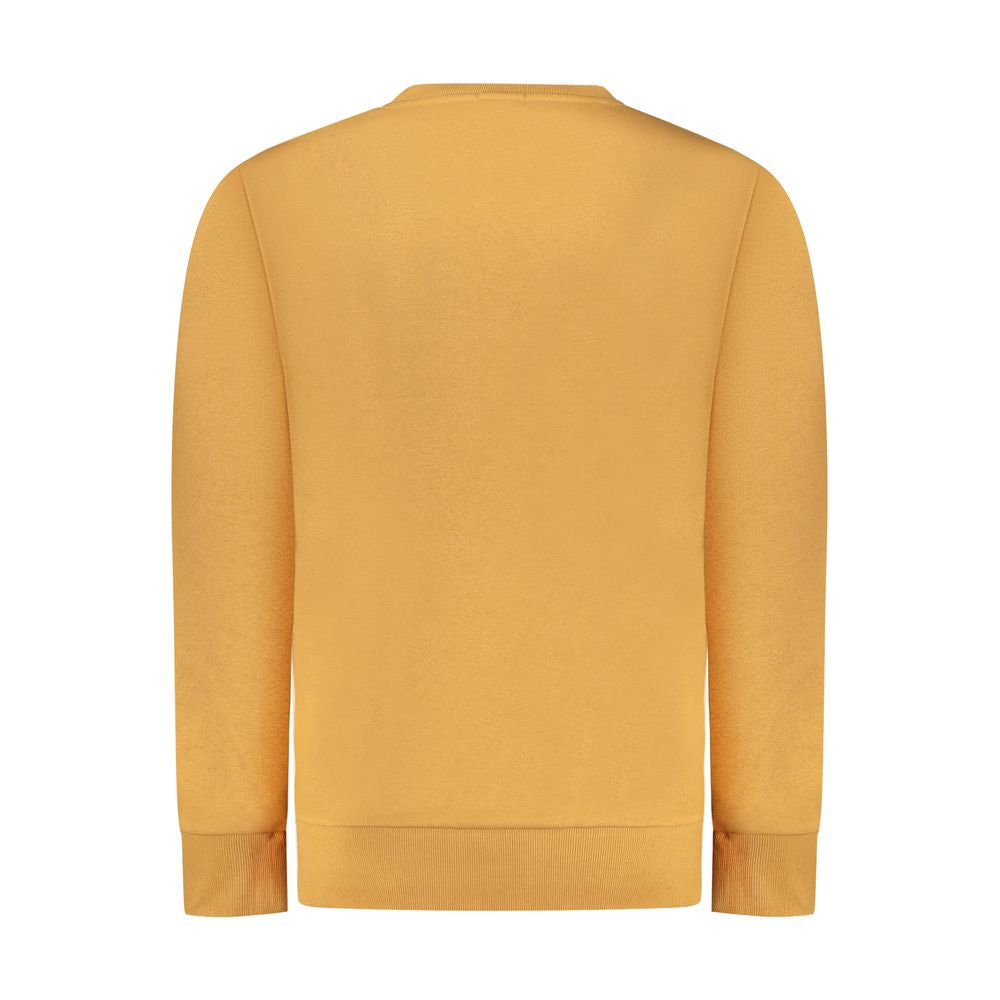 Back view of Rifle Brown Cotton Men Sweater featuring crew neck design in mustard yellow shade.