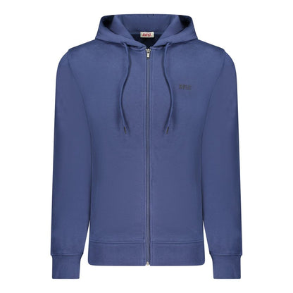Rifle Blue Cotton Men Sweater with hood, logo, full zip, and embossed print, showcasing sophisticated casual luxury.