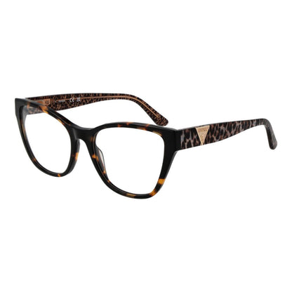Guess Brown Acetate Glasses (Frames) for women, full-rim cat eye style with branded case, 55mm lenses width, tortoiseshell pattern.