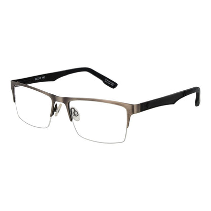 Spy Gray Plastic Glasses (Frames) with gunmetal half-rim and demo lenses for men. Rectangle style, size 54-18-140, spring hinge, branded pouch included.