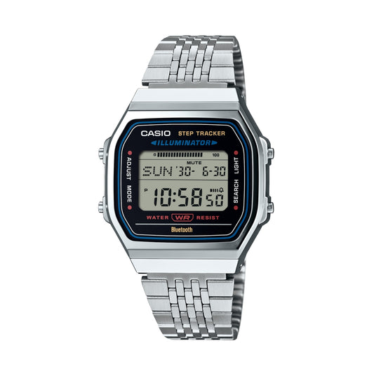 CASIO VINTAGE Mod. SILVER -BLUETOOTH® SMARTPHONE LINK w. built-in accelerometer senses body movements + steps counter ABL-100WE-1AEF