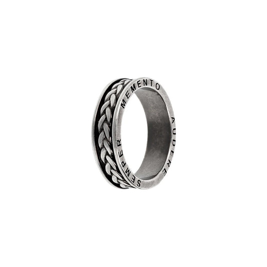Silver ring with engraved Latin phrase, intricate design