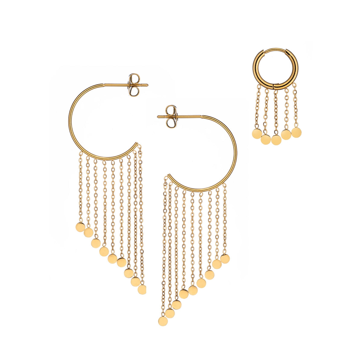 Gold hoop earrings with chain tassels, AN JEWELS JEWELRY Mod. AB.EP007, elegant and stylish design for modern fashion.