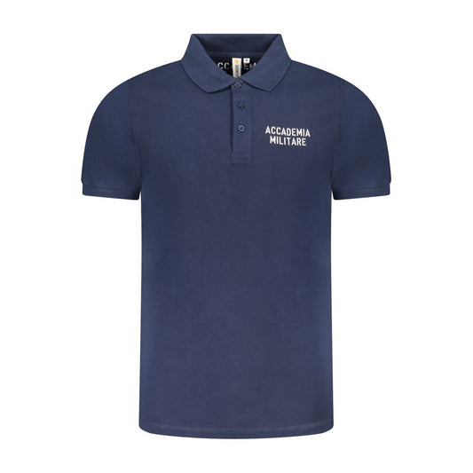 Accademia Militare Blue Cotton Polo Shirt with short sleeves, contrast accents, three buttons, print, and logo.